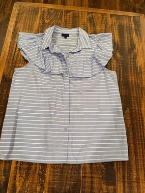 Who What Wear Light Blue and White Striped Ruffle-Sleeve Button-Front Top